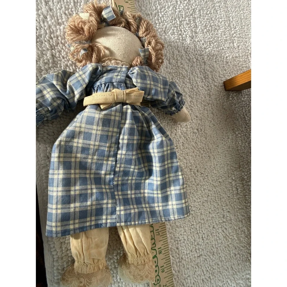 Vintage Rag Doll Set with Wooden Heart Bench Blue Plaid Farmhouse Decor 3pc